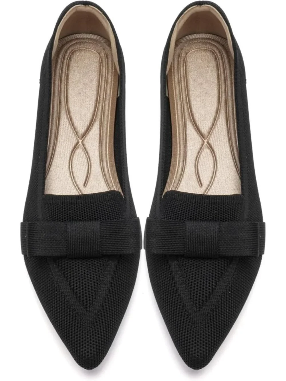 Women's Black Rubber Soft Knit Breathable Pointed Toe Ballet Flats Casual Shoes